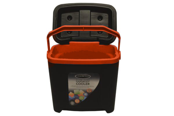 Leisure Quip 26L Cooler Box – Black Outer & Lid with Orange Handle & Inner