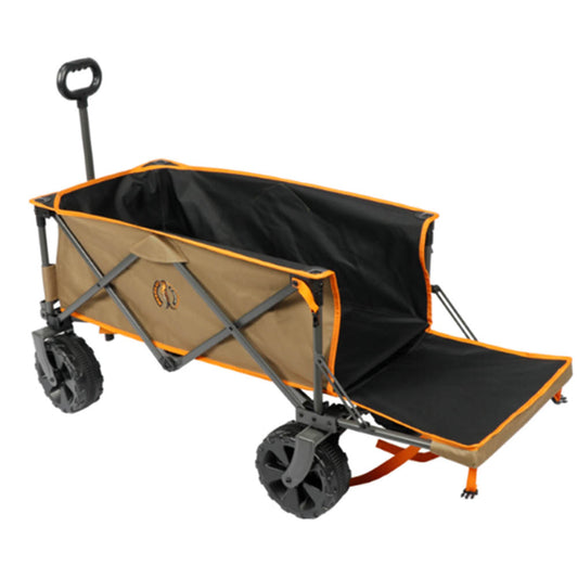 A brown and black colored trolley with a steel frame and black wheels, designed for outdoor use on various terrains.